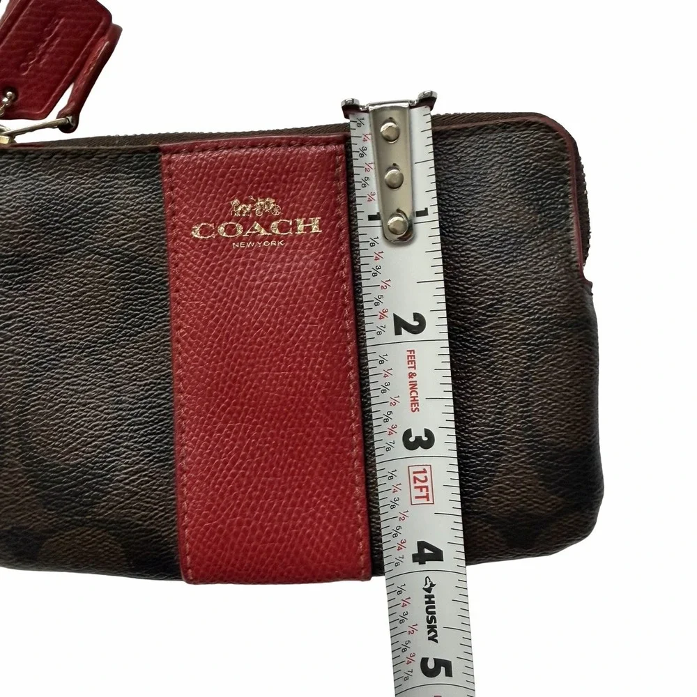 Coach Large Corner Zip Canvas Leather‎ Monogram Wristlet Brown Red Wallet F54629